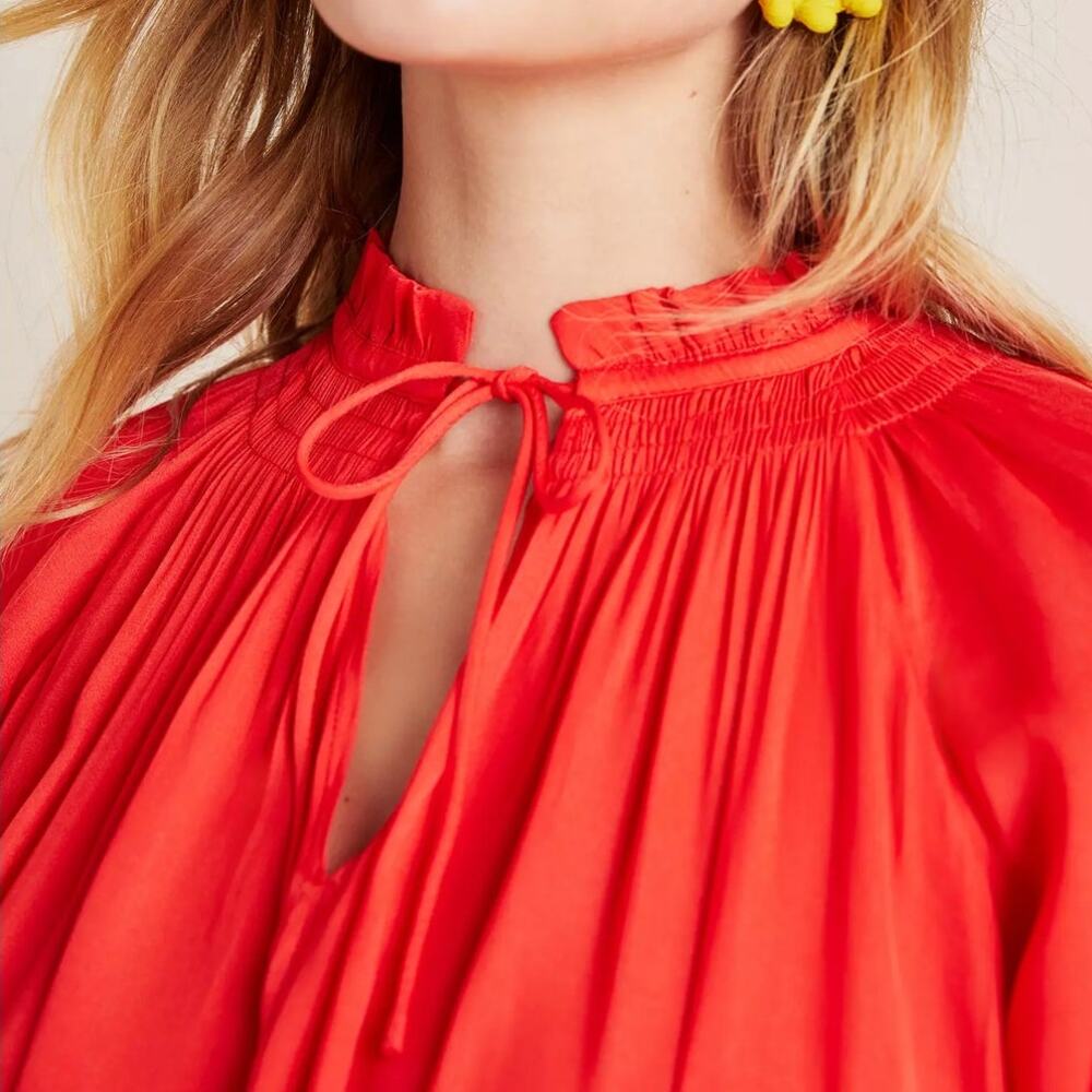 Anthropologie Poppy Mini Dress Red Smocked Medium Cottagecore Coquette Festival - Picture 8 of 16